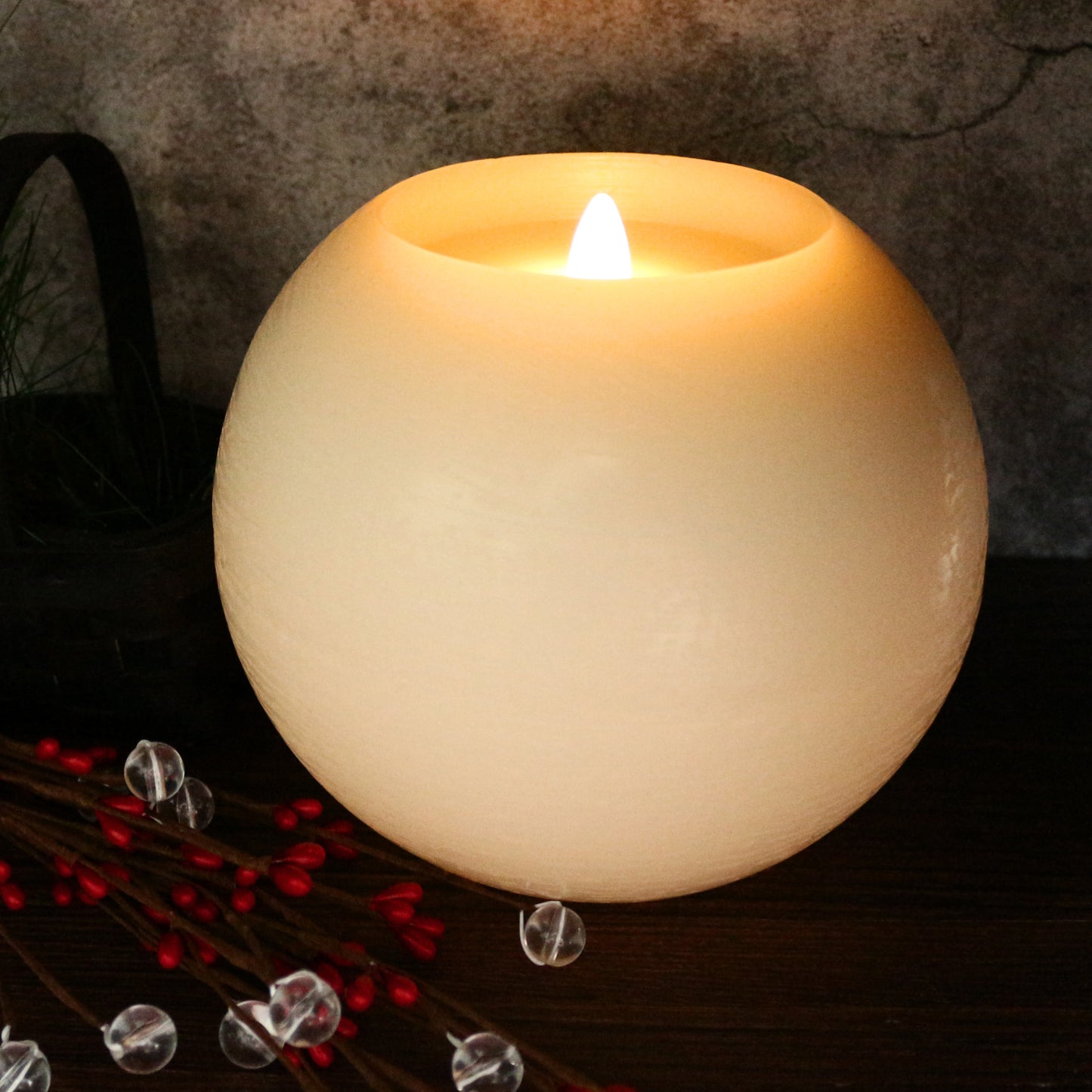 CVHOMEDECO. Moon Sphere Wax LED Dancing Flame Candle Ball Battery Operated Wax LED Flameless Candle with Timer and Remote Control, Dia. 6 X 5 Inch, Cream