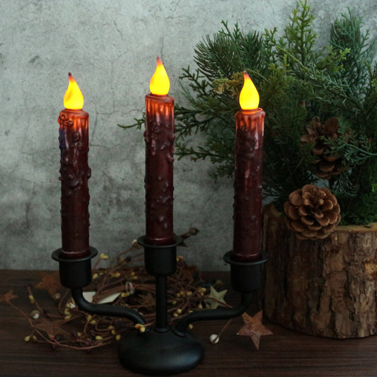 CVHOMEDECO. Real Wax Hand Dipped Battery Operated LED Timer Taper Candles Country Primitive Flameless Lights Décor, 6.75 Inch, Burgundy, 2 PCS in a Package