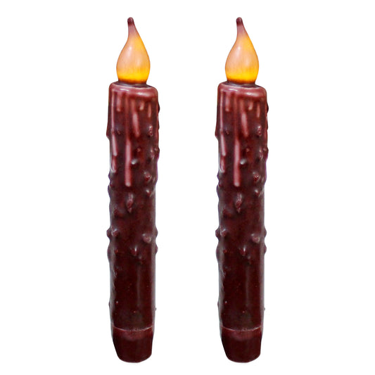 CVHOMEDECO. Real Wax Hand Dipped Battery Operated LED Timer Taper Candles Country Primitive Flameless Lights Décor, 6.75 Inch, Burgundy, 2 PCS in a Package