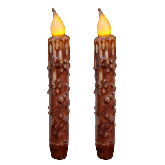 CVHOMEDECO. Real Wax Hand Dipped Battery Operated LED Timer Taper Candles Country Primitive Flameless Lights Décor, 6.75 Inch, Coffee, 2 PCS in a Package