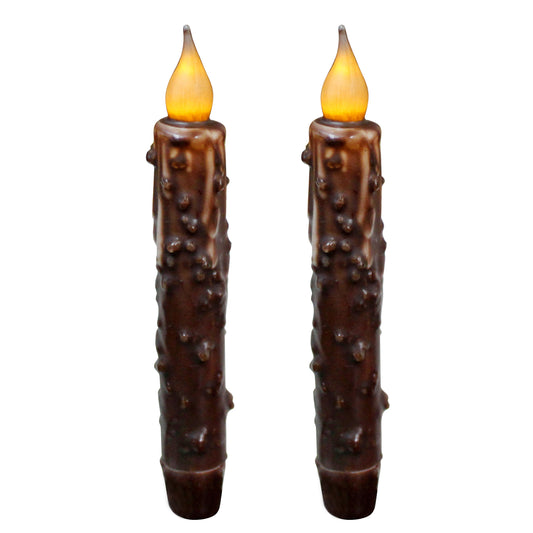 CVHOMEDECO. Real Wax Hand Dipped Battery Operated LED Timer Taper Candles Country Primitive Flameless Lights Décor, 6.75 Inch, Brown, 2 PCS in a Package