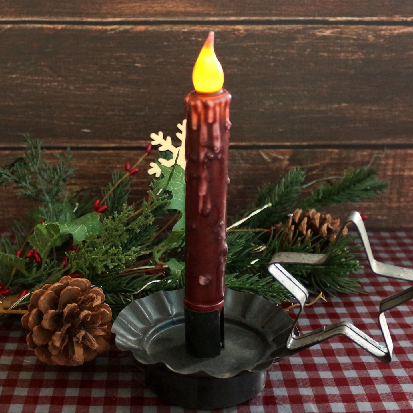 CVHOMEDECO. Real Wax Hand Dipped Battery Operated LED Timer Taper Candles Rustic Primitive Flameless Lights Décor, 6.75 Inch, Burgundy, 6 PCS in a Package