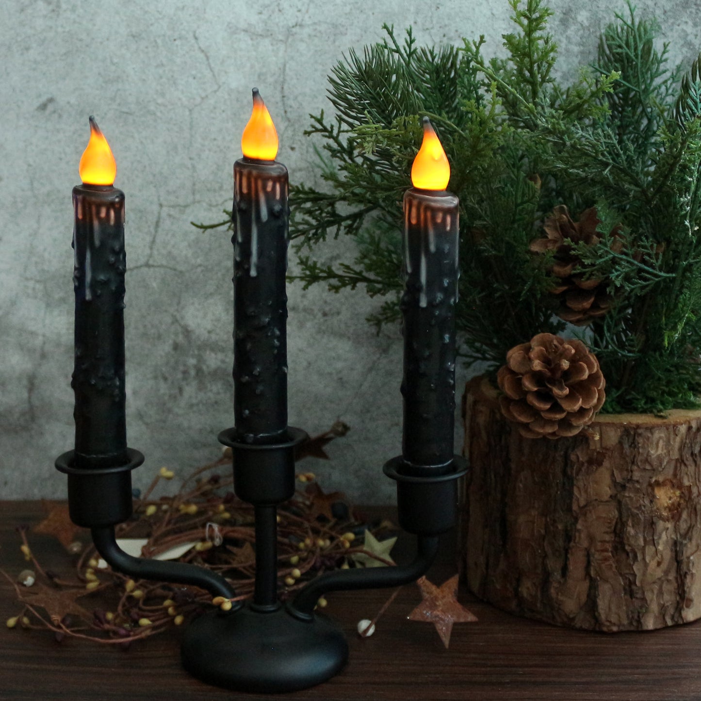 CVHOMEDECO. Real Wax Hand Dipped Battery Operated LED Timer Taper Candles Rustic Primitive Flameless Lights Décor, 6.75 Inch, Matt Black, 6 PCS in a Package