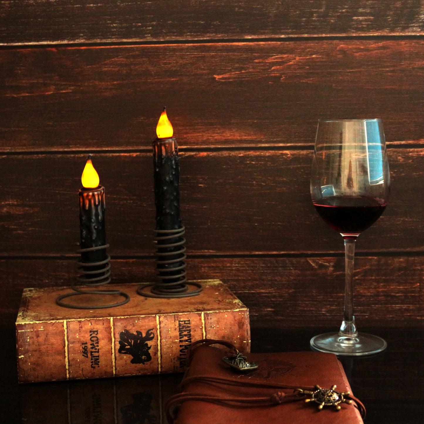 CVHOMEDECO. Real Wax Hand Dipped Battery Operated LED Timer Taper Candles Rustic Primitive Flameless Lights Décor, 6.75 Inch, Matt Black, 6 PCS in a Package