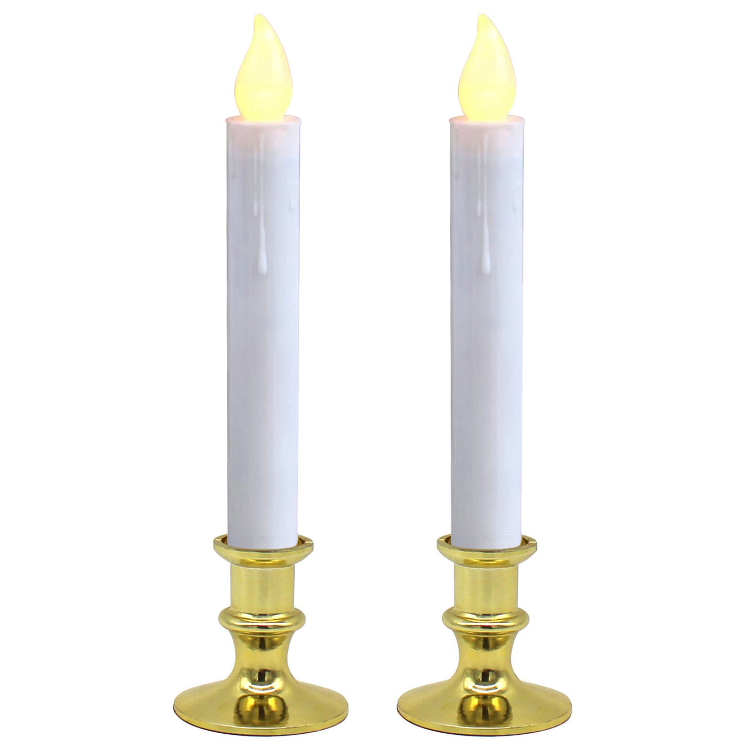 CVHOMEDECO. Battery Operated LED Window Candles, Auto On/Off, Gold Plastic Base, Flickering Warm Orange Flameless Lights Decor. (2 Pack)
