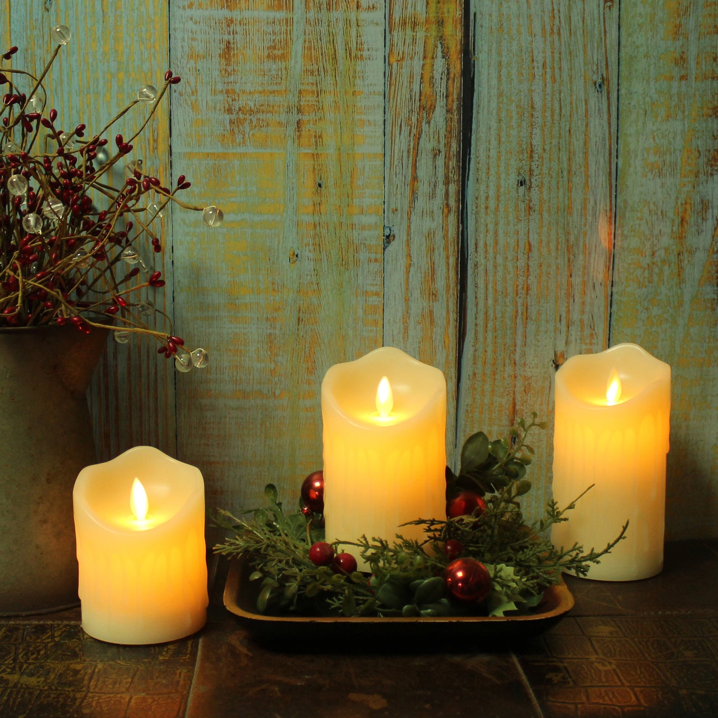 CVHOMEDECO. Flameless Candles Electronic Rechargeable Battery Extra Bright Ivory Dripping Real Wax Pillars LED Flickering Pillar Candle with 10 Key Remote Control, Set of 3