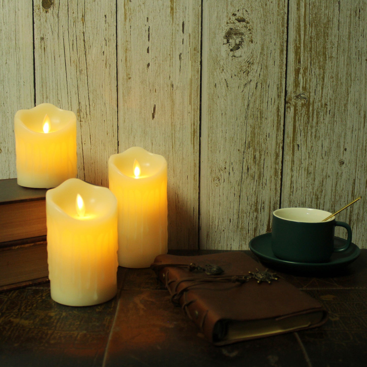 CVHOMEDECO. Flameless Candles Electronic Rechargeable Battery Extra Bright Ivory Dripping Real Wax Pillars LED Flickering Pillar Candle with 10 Key Remote Control, Set of 3