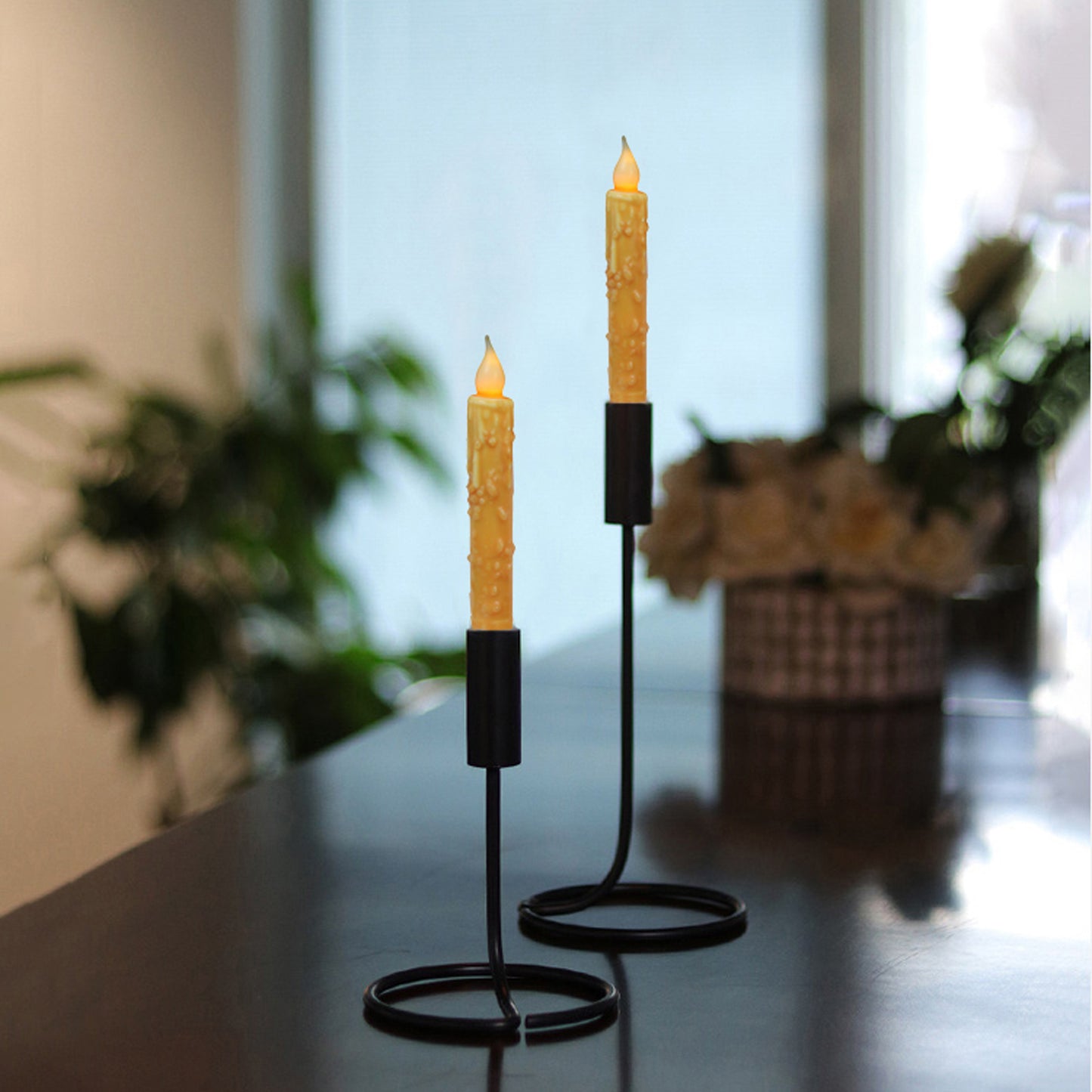 CVHOMEDECO. Real Wax Hand Dipped Battery Operated LED Timer Taper Candles Rustic Primitive Flameless Lights Decor, 6.75 Inch, Orange, 2 PCS in a Package