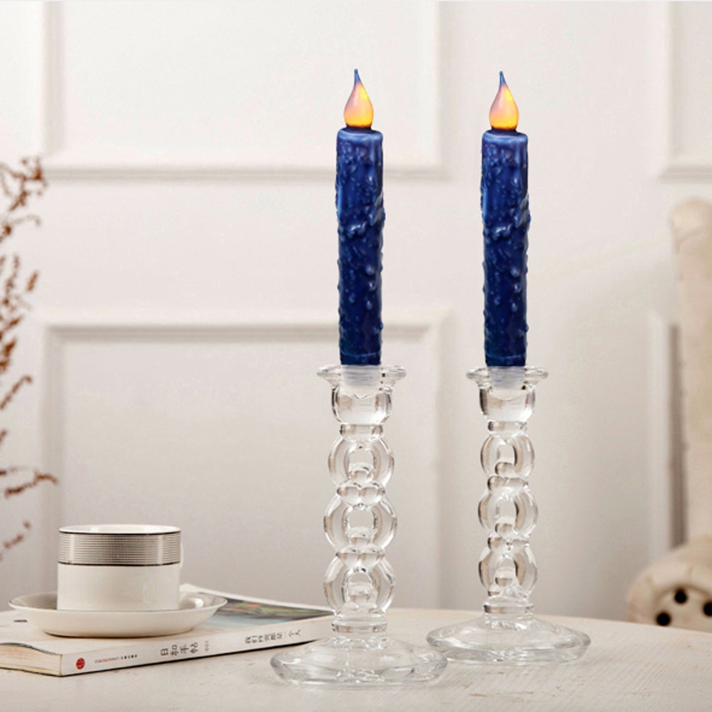 CVHOMEDECO. Real Wax Hand Dipped Battery Operated LED Timer Taper Candles Rustic Primitive Flameless Lights Decor, 6.75 Inch, Navy Blue, 6 PCS in a Package