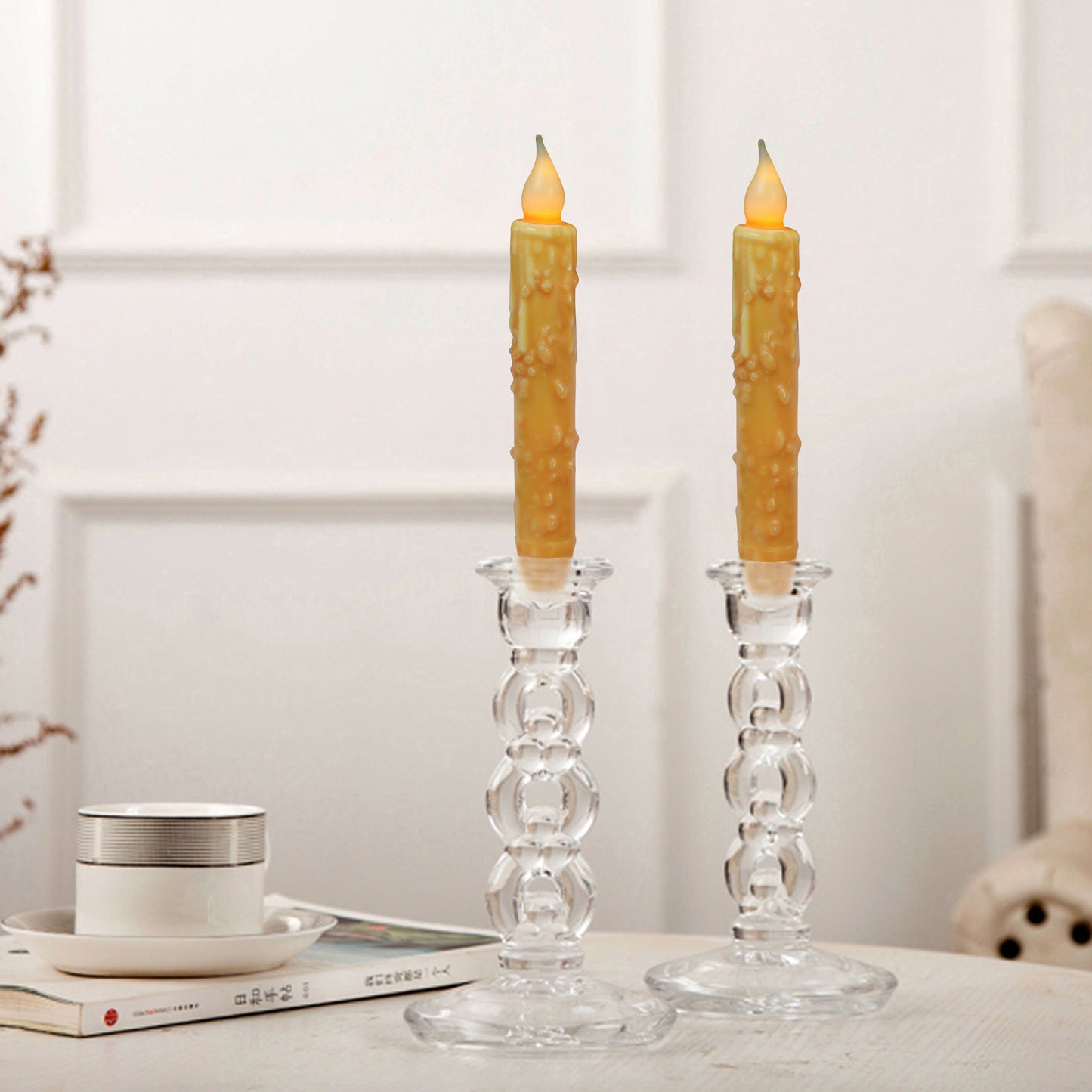 CVHOMEDECO. Real Wax Hand Dipped Battery Operated LED Timer Taper Candles Rustic Primitive Flameless Lights Decor, 6.75 Inch, Orange, 6 PCS in a Package