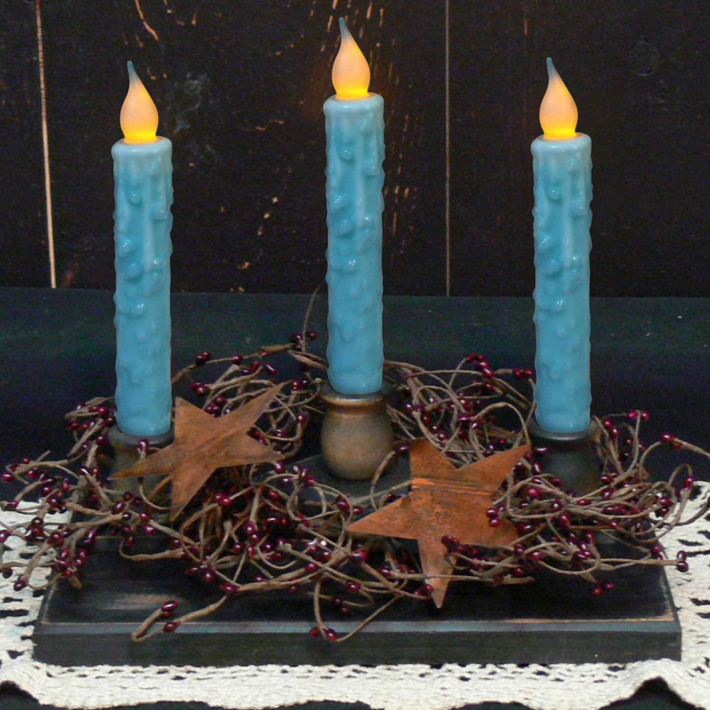 CVHOMEDECO. Real Wax Hand Dipped Battery Operated LED Timer Taper Candles Rustic Primitive Flameless Lights Decor, 6.75 Inch, Teal, 6 PCS in a Package