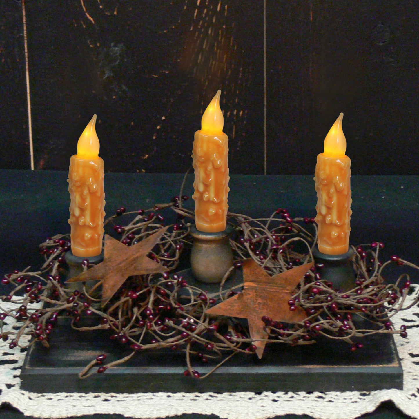 CVHOMEDECO. Real Wax Hand Dipped Battery Operated LED Timer Taper Candles Rustic Primitive Flameless Lights Decor, 4.75 Inch, Orange, 2 PCS in a Package