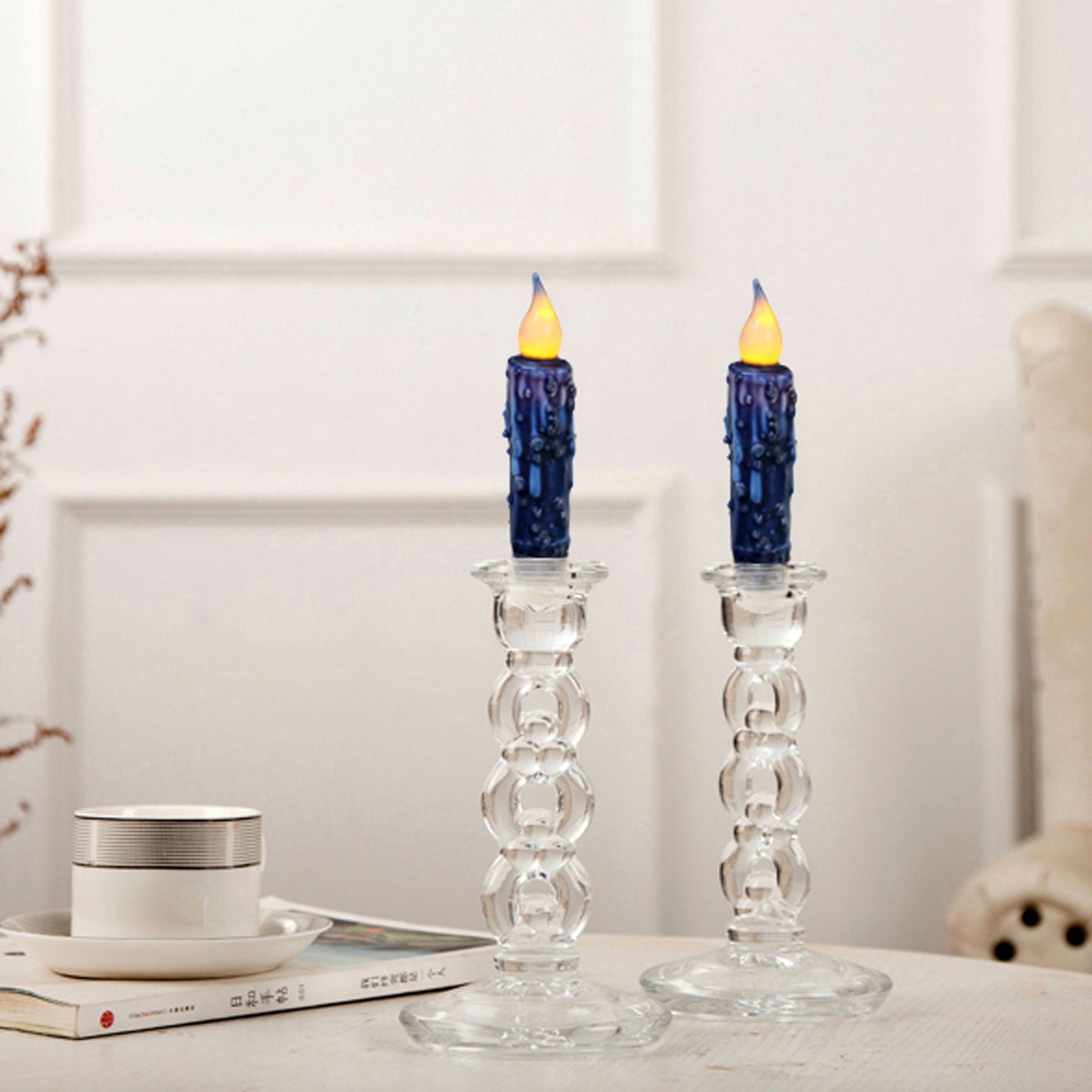 CVHOMEDECO. Real Wax Hand Dipped Battery Operated LED Timer Taper Candles Rustic Primitive Flameless Lights Decor, 4.75 Inch, Navy Blue, 6 PCS in a Package