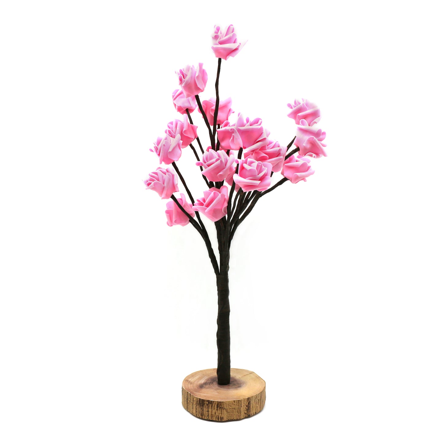 CVHOMEDECO. Battery Operated w/Timer Lighted Pink Rose Tree Tabletop LED Light, 20 Warm White LEDs, Rustic Vintage Wooden base, For Home/Party/ Wedding/Festival/Indoor Decoration, 22 Inch