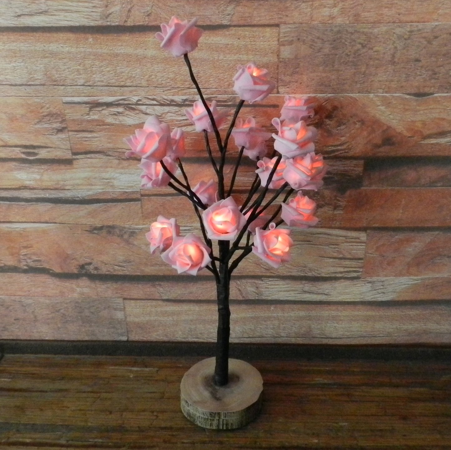 CVHOMEDECO. Battery Operated w/Timer Lighted Pink Rose Tree Tabletop LED Light, 20 Warm White LEDs, Rustic Vintage Wooden base, For Home/Party/ Wedding/Festival/Indoor Decoration, 22 Inch