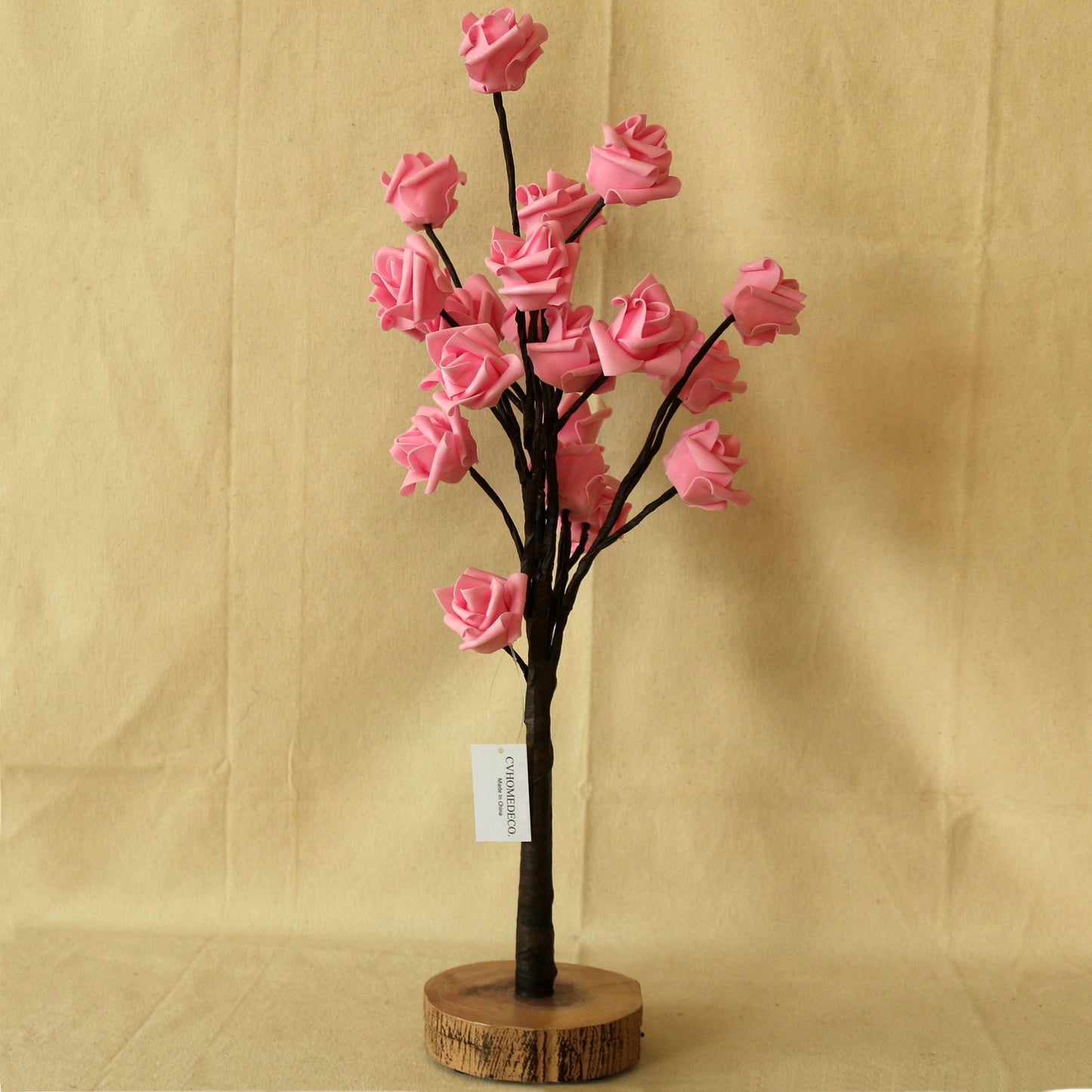 CVHOMEDECO. Battery Operated w/Timer Lighted Pink Rose Tree Tabletop LED Light, 20 Warm White LEDs, Rustic Vintage Wooden base, For Home/Party/ Wedding/Festival/Indoor Decoration, 22 Inch