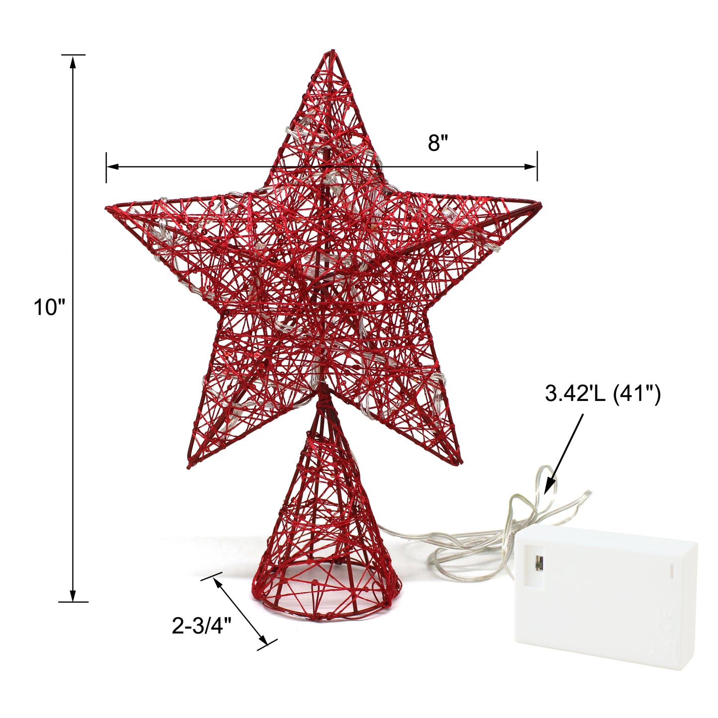 CVHOMEDECO. Red Tree Top Star with Warm White LED Lights and Timer for Christmas Ornaments and Holiday Seasonal Décor, 8 x 10 Inch