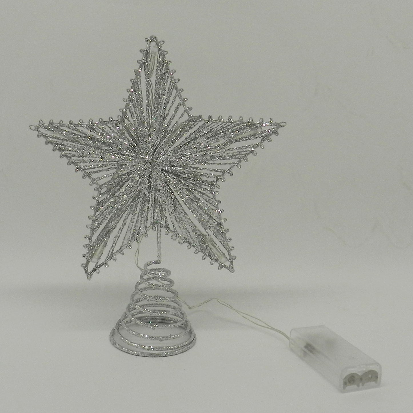 CVHOMEDECO. Silver Glittered Tree Top Star with Warm White LED Lights for Christmas Ornaments and Holiday Seasonal Décor, 8 x 10 Inch