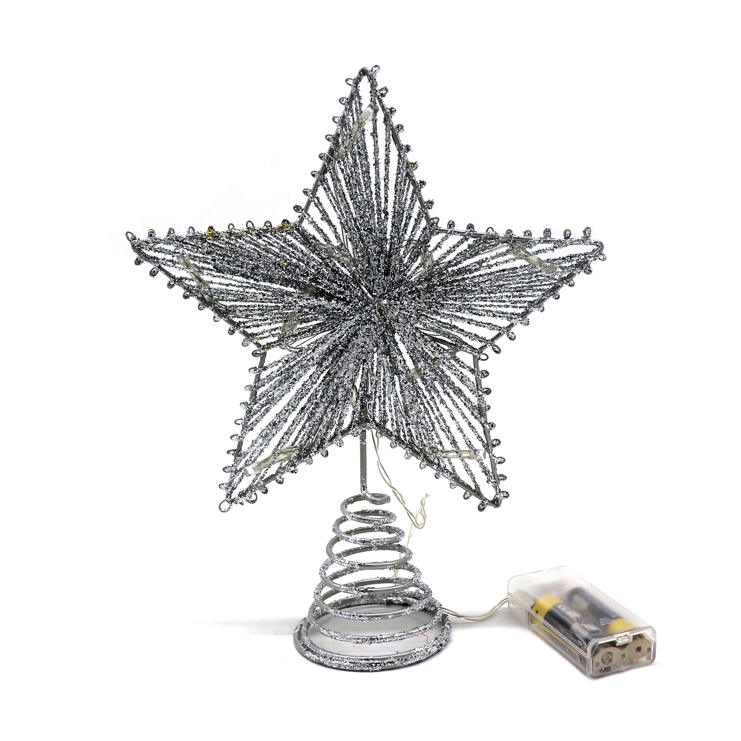 CVHOMEDECO. Silver Glittered Tree Top Star with Warm White LED Lights for Christmas Ornaments and Holiday Seasonal Décor, 8 x 10 Inch