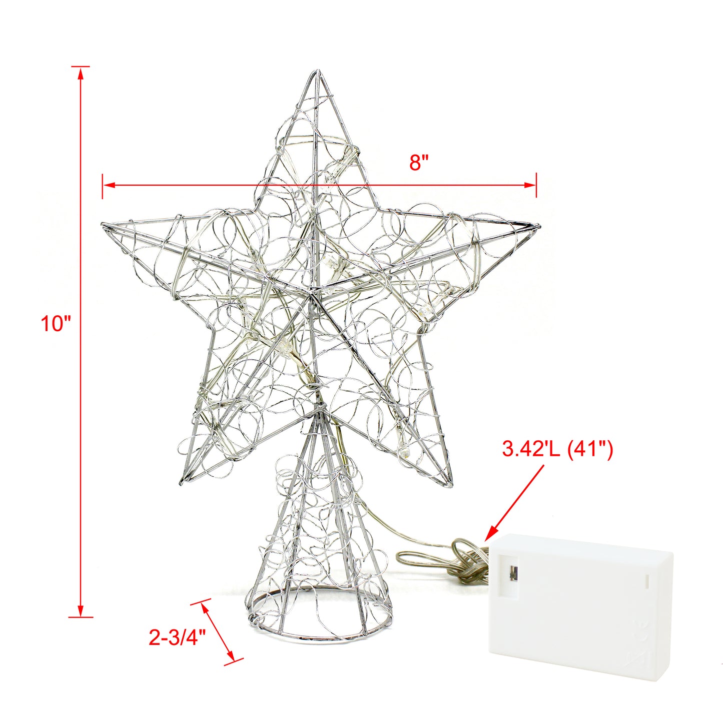 CVHOMEDECO. Silver Wire Twine Tree Top Star with Bright White LED Lights and Timer for Christmas Ornaments and Holiday Seasonal Décor, 8 x 10 Inch