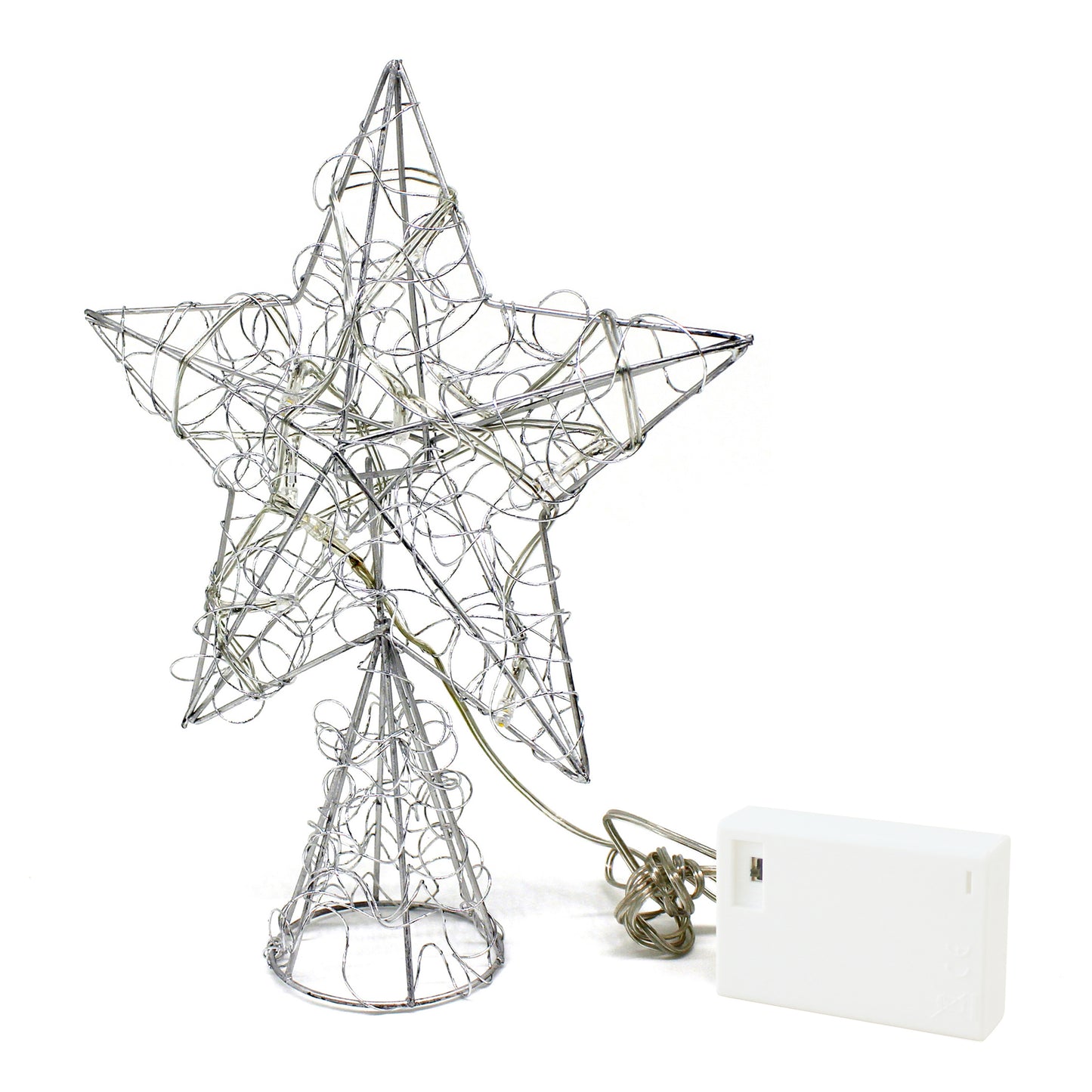 CVHOMEDECO. Silver Wire Twine Tree Top Star with Bright White LED Lights and Timer for Christmas Ornaments and Holiday Seasonal Décor, 8 x 10 Inch