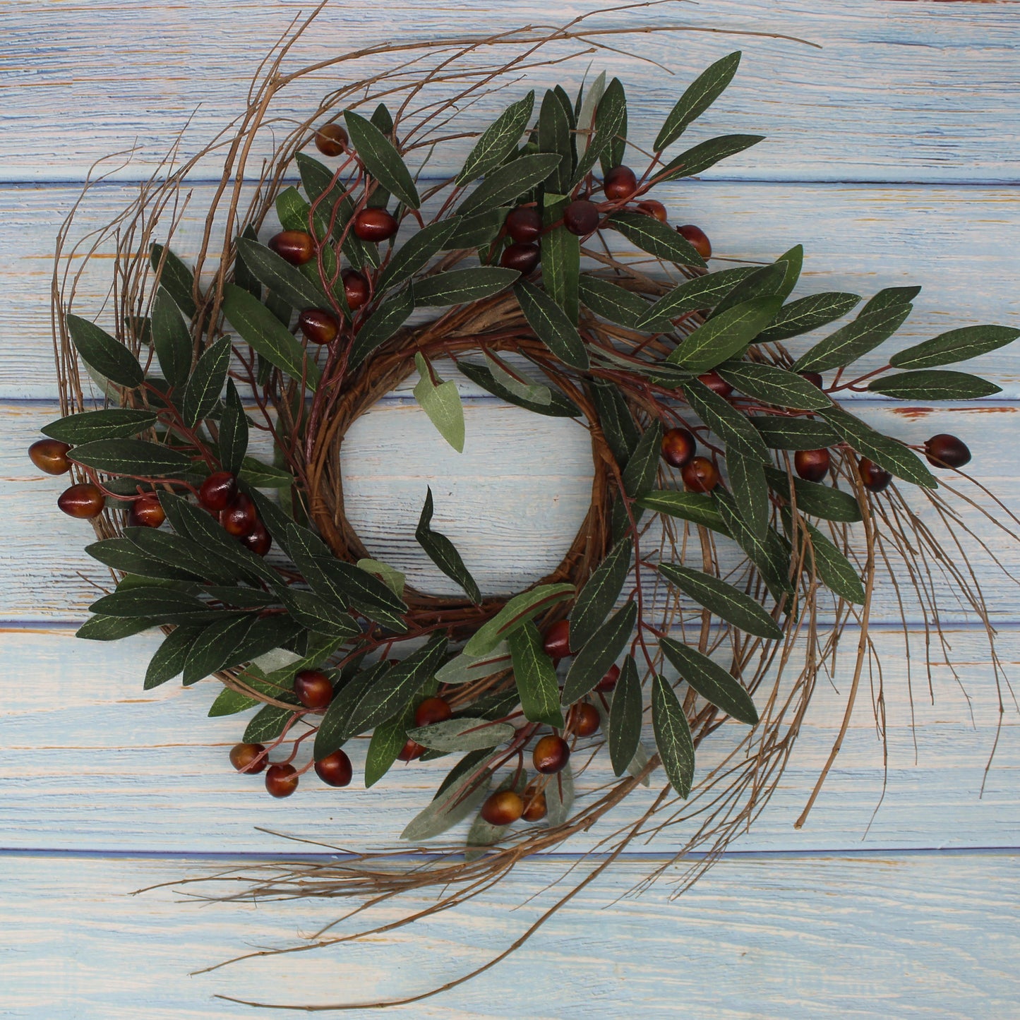 CVHOMEDECO. Rustic Country Artificial Olive branch and Twig Wreath, Year Round Full Green Wreath for Indoor or Outdoor Display, 14 Inch