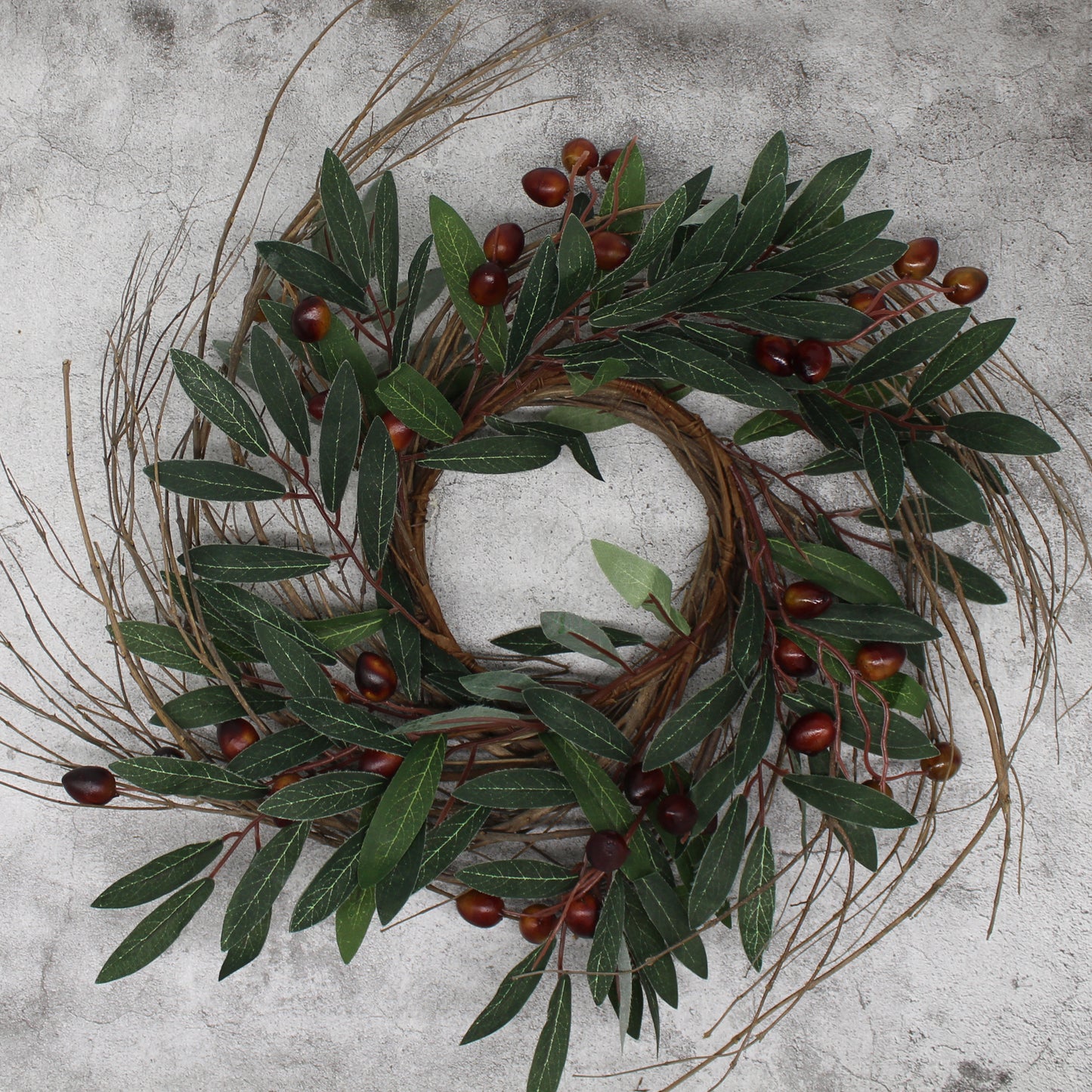 CVHOMEDECO. Rustic Country Artificial Olive branch and Twig Wreath, Year Round Full Green Wreath for Indoor or Outdoor Display, 14 Inch