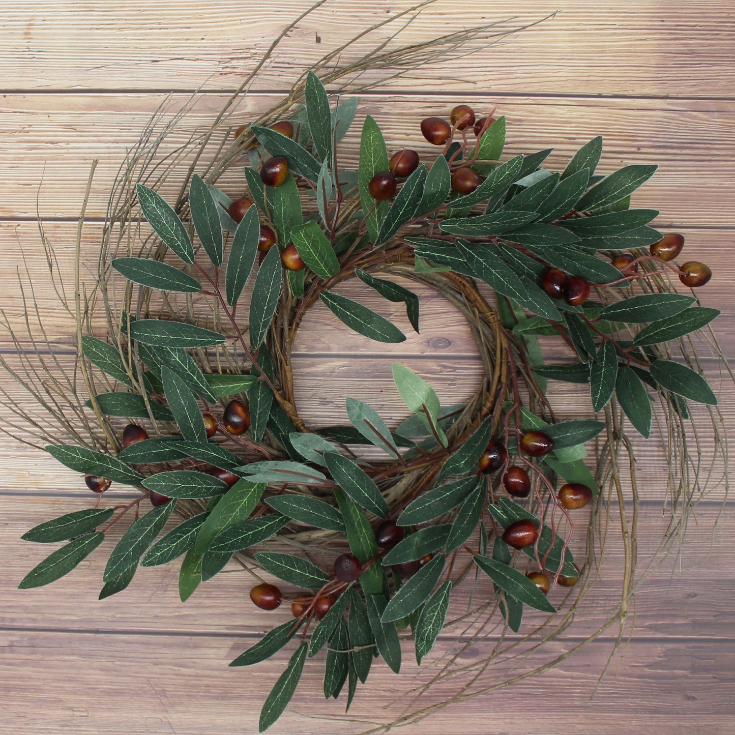 CVHOMEDECO. Rustic Country Artificial Olive branch and Twig Wreath, Year Round Full Green Wreath for Indoor or Outdoor Display, 14 Inch