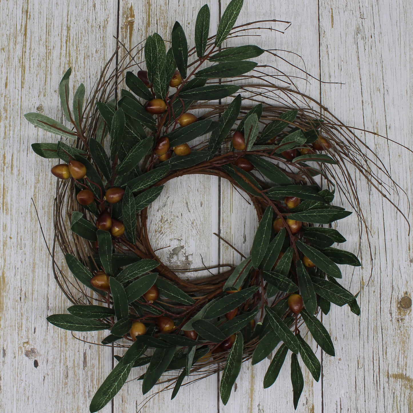 CVHOMEDECO. Rustic Country Artificial Olive branch and Twig Wreath, Year Round Full Green Wreath for Indoor or Outdoor Display, 14 Inch