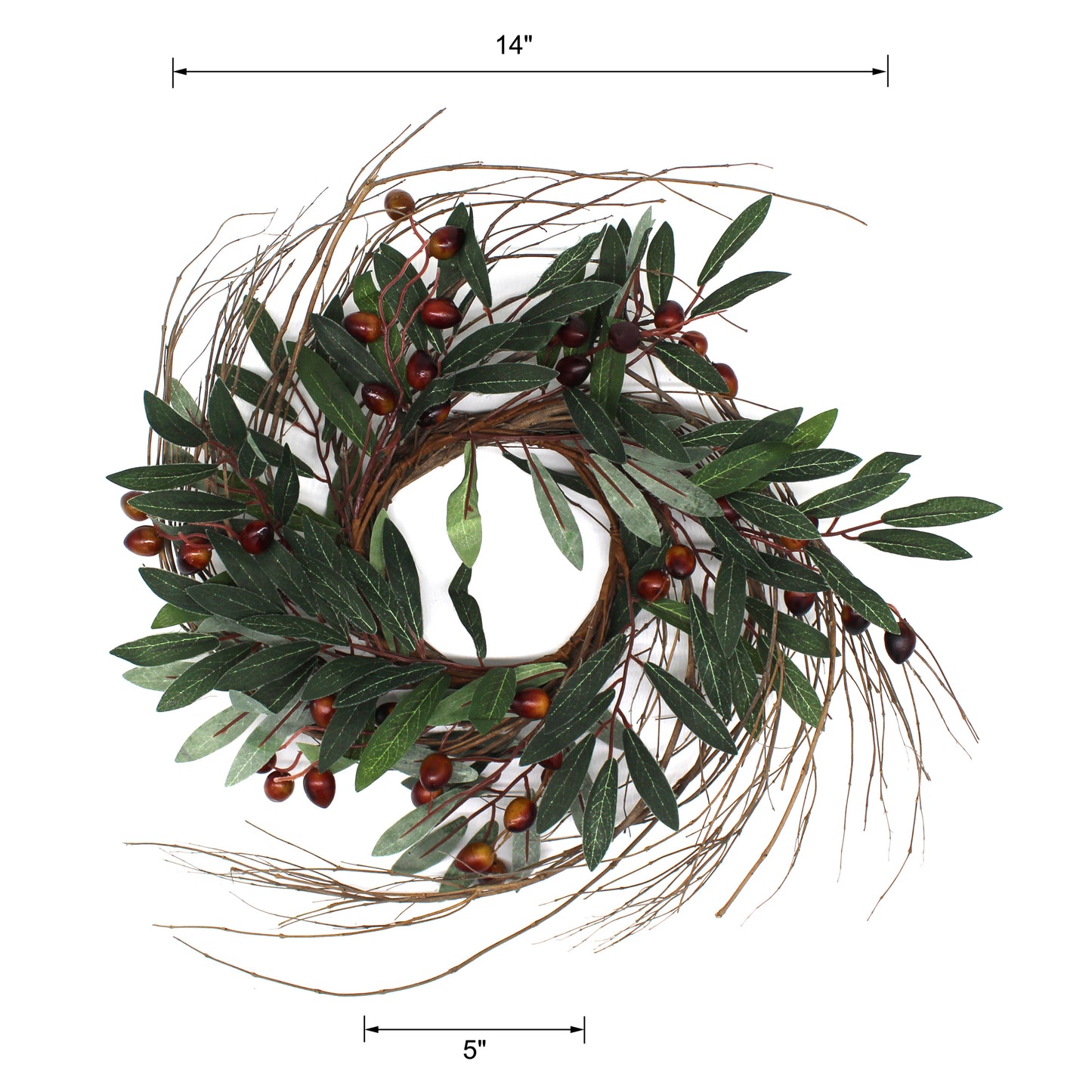 CVHOMEDECO. Rustic Country Artificial Olive branch and Twig Wreath, Year Round Full Green Wreath for Indoor or Outdoor Display, 14 Inch