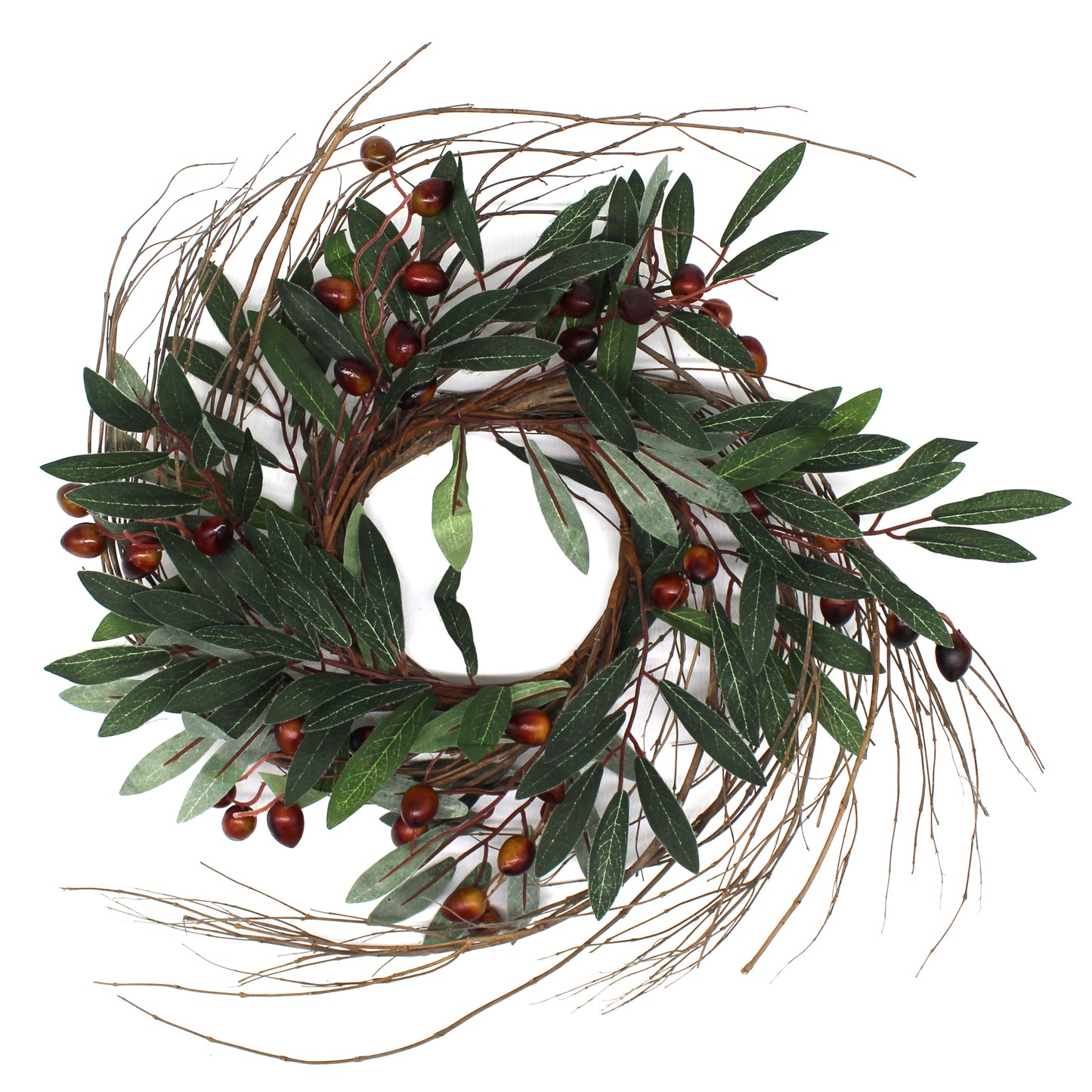 CVHOMEDECO. Rustic Country Artificial Olive branch and Twig Wreath, Year Round Full Green Wreath for Indoor or Outdoor Display, 14 Inch