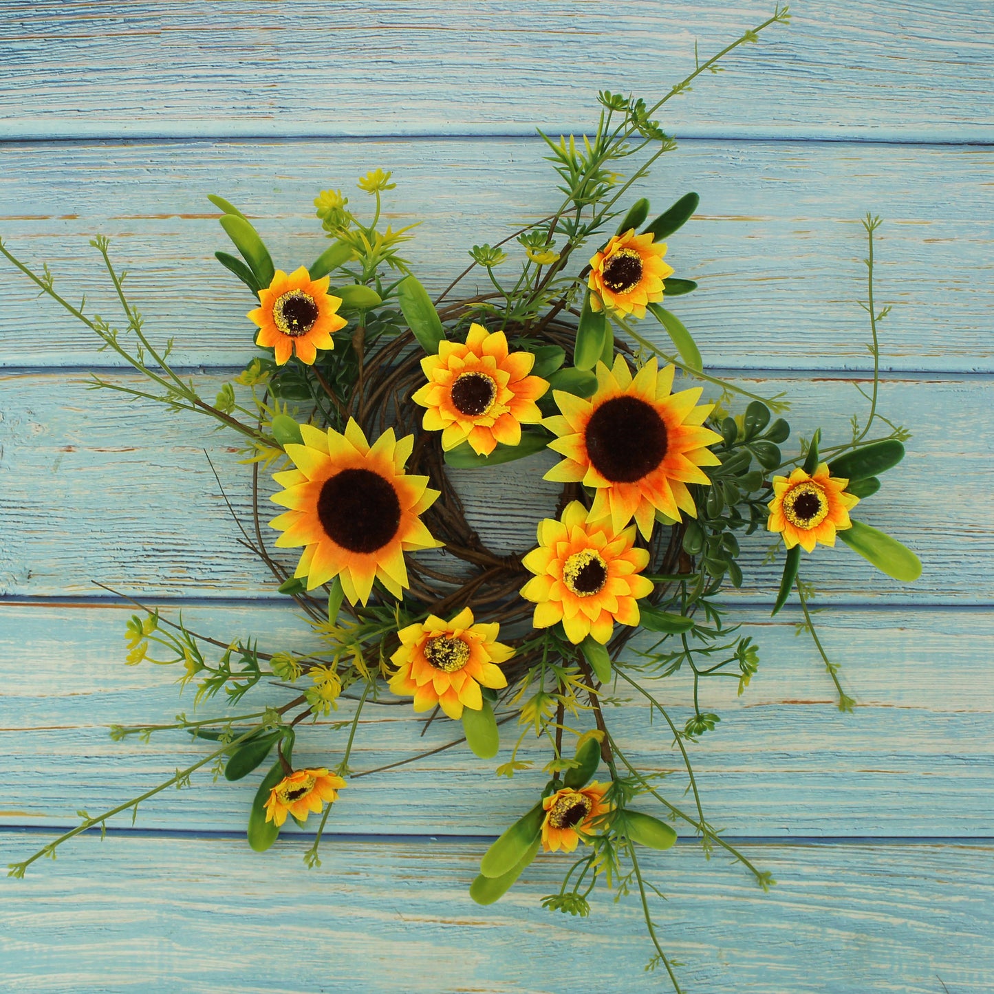 CVHOMEDECO. Rustic Country Artificial Sunflower and Twig Wreath, Year Round Full Green Wreath for Indoor or Outdoor Display, 9 Inch