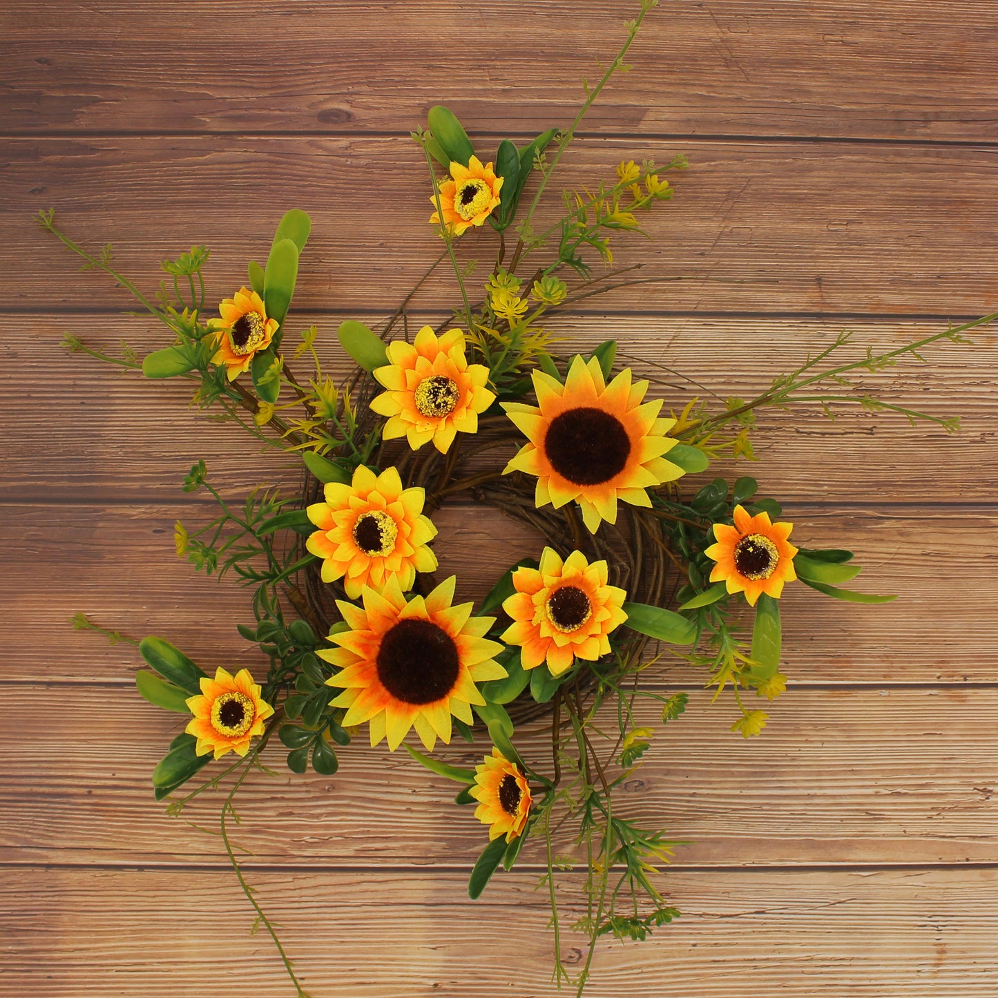 CVHOMEDECO. Rustic Country Artificial Sunflower and Twig Wreath, Year Round Full Green Wreath for Indoor or Outdoor Display, 9 Inch