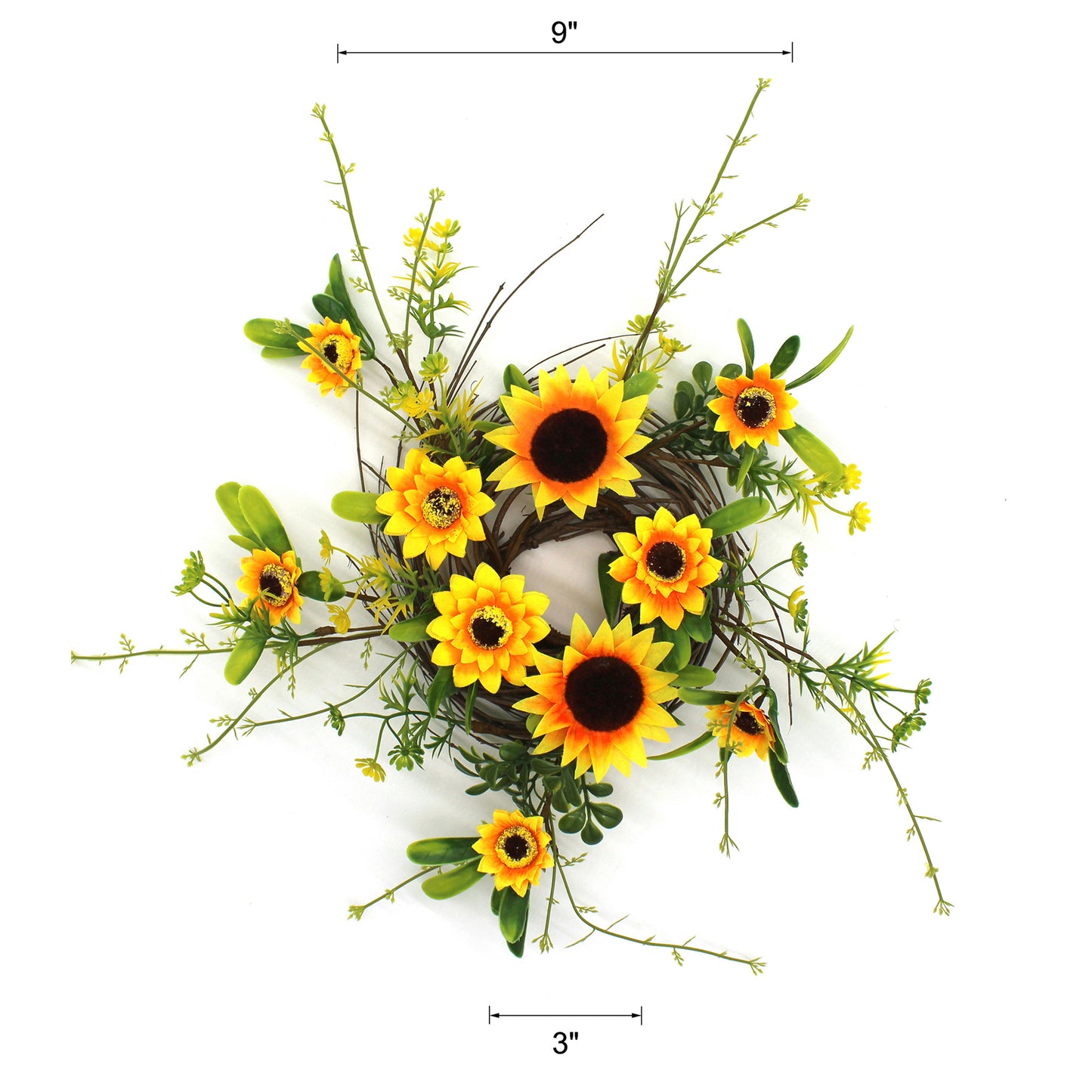 CVHOMEDECO. Rustic Country Artificial Sunflower and Twig Wreath, Year Round Full Green Wreath for Indoor or Outdoor Display, 9 Inch
