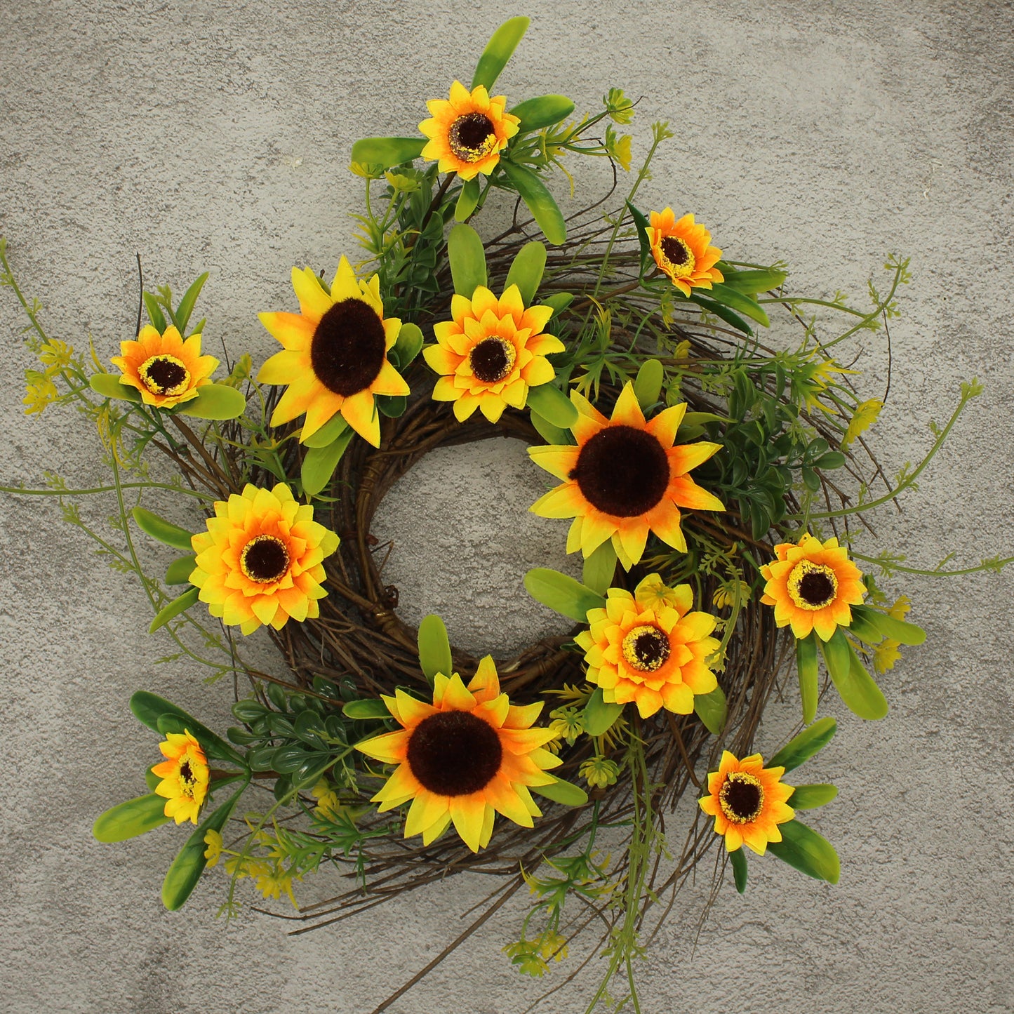 CVHOMEDECO. Rustic Country Artificial Sunflower and Twig Wreath, Year Round Full Green Wreath for Indoor or Outdoor Display, 12 Inch