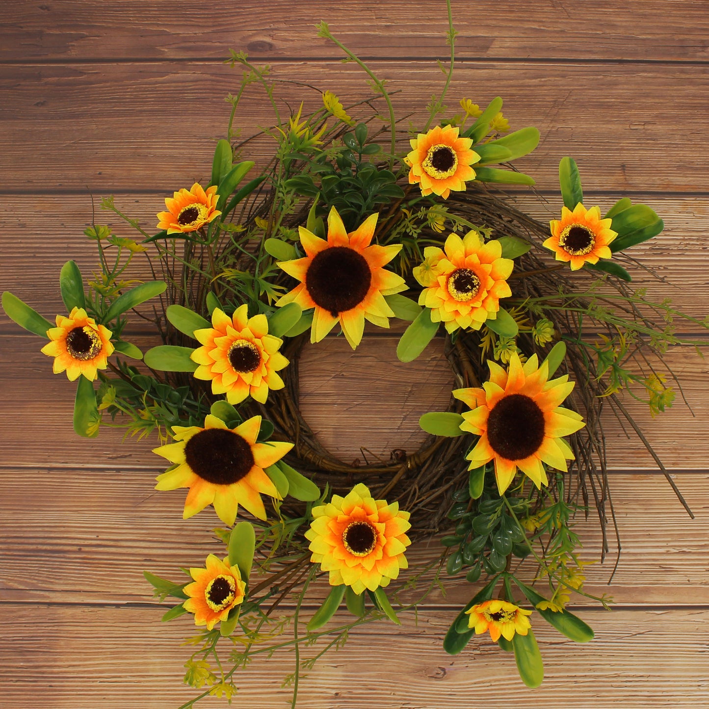 CVHOMEDECO. Rustic Country Artificial Sunflower and Twig Wreath, Year Round Full Green Wreath for Indoor or Outdoor Display, 12 Inch