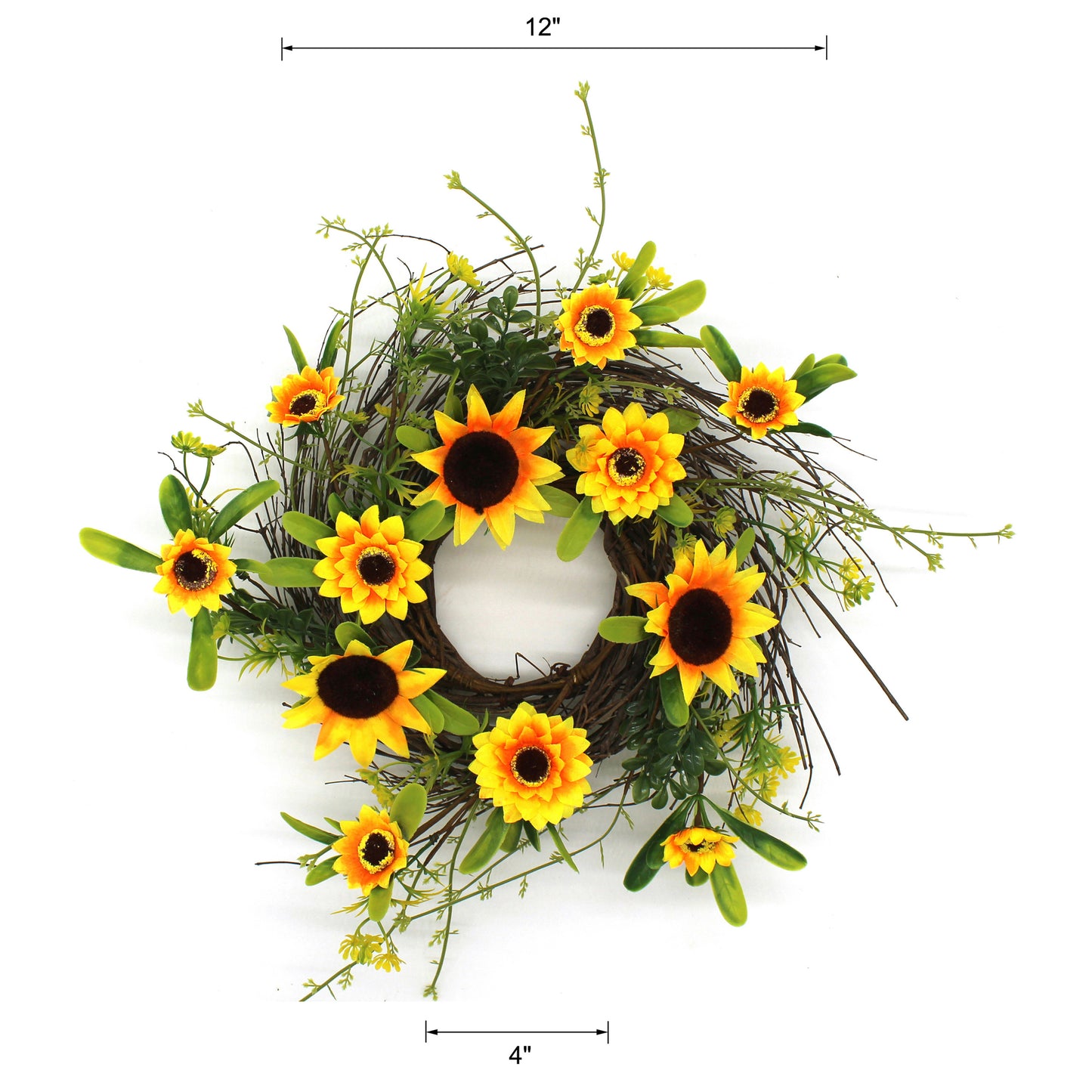 CVHOMEDECO. Rustic Country Artificial Sunflower and Twig Wreath, Year Round Full Green Wreath for Indoor or Outdoor Display, 12 Inch