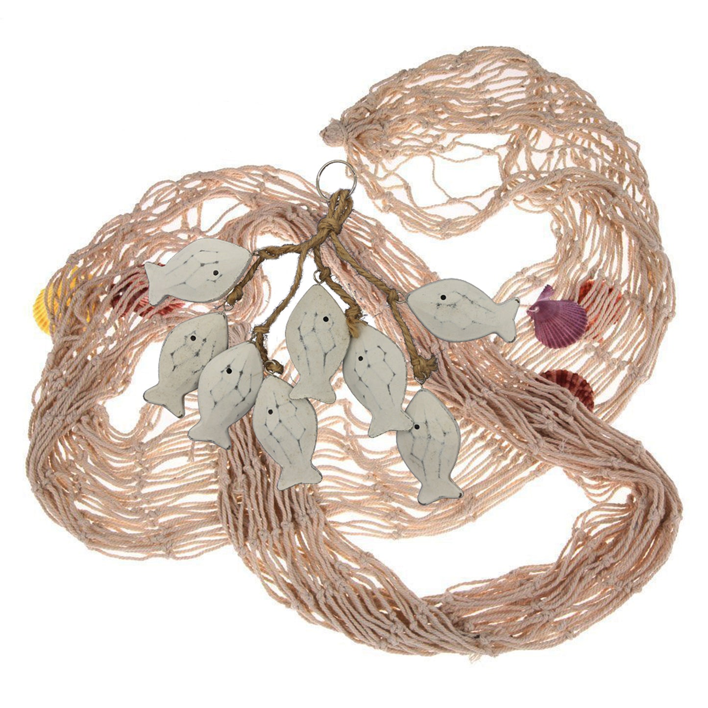 CVHOMEDECO. 3 Inches Hand Carved Wood Fish Hanging with Jute Rope Nautical Decorated, Mediterranean Style For Wall Hanging Gift Crafts, White, 8 pcs / set (Fish)