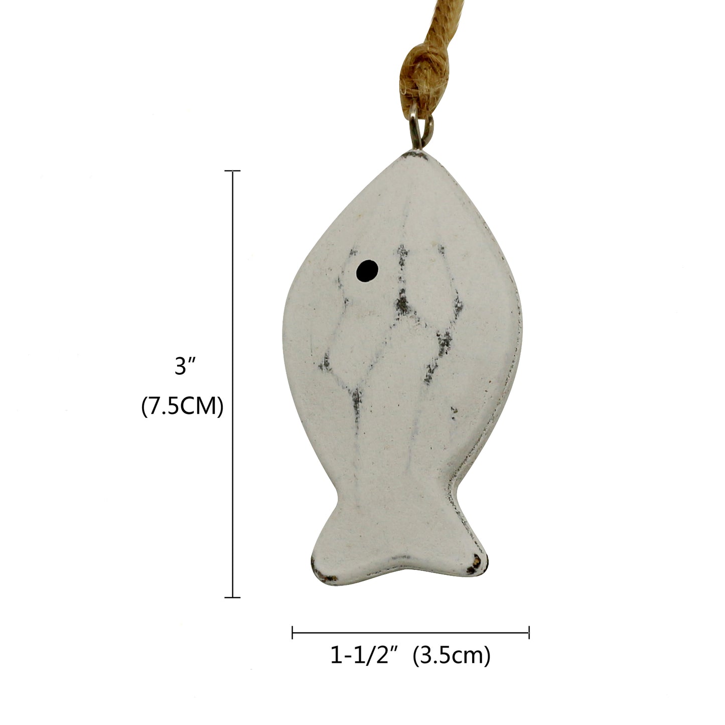 CVHOMEDECO. 3 Inches Hand Carved Wood Fish Hanging with Jute Rope Nautical Decorated, Mediterranean Style For Wall Hanging Gift Crafts, White, 8 pcs / set (Fish)