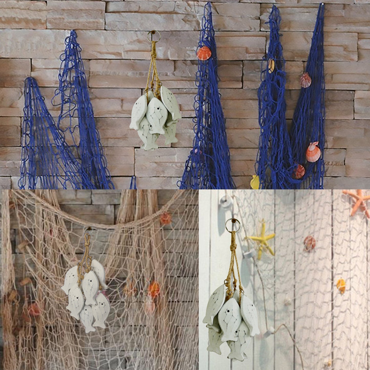 CVHOMEDECO. 3 Inches Hand Carved Wood Fish Hanging with Jute Rope Nautical Decorated, Mediterranean Style For Wall Hanging Gift Crafts, White, 8 pcs / set (Fish)