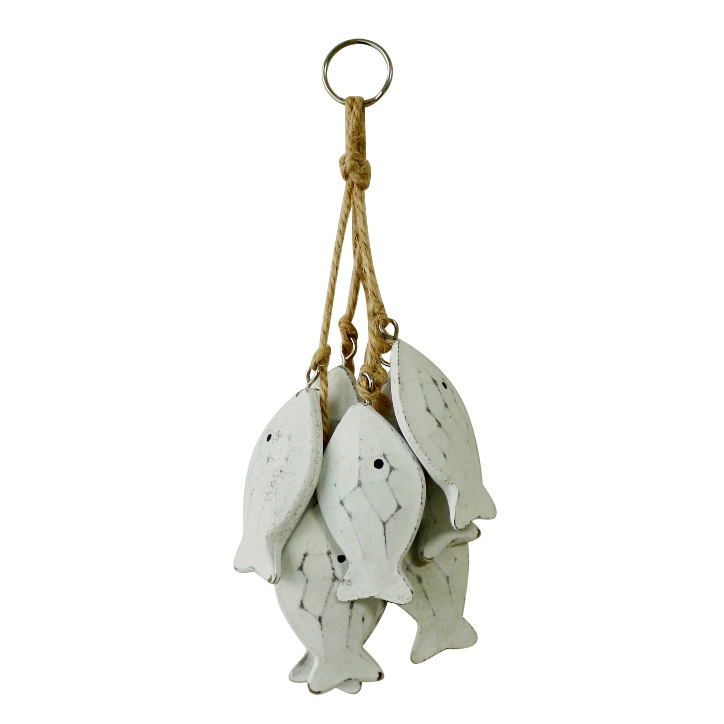 CVHOMEDECO. 3 Inches Hand Carved Wood Fish Hanging with Jute Rope Nautical Decorated, Mediterranean Style For Wall Hanging Gift Crafts, White, 8 pcs / set (Fish)