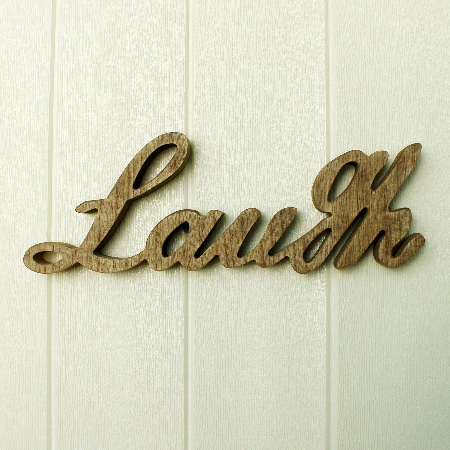 CVHOMEDECO. Rustic Vintage Distressed Wooden Words Sign Free Standing "Laugh" Tabletop/Shelf/Home Wall/Office Decoration Art, 12.5 x 4.5 x 1 Inch