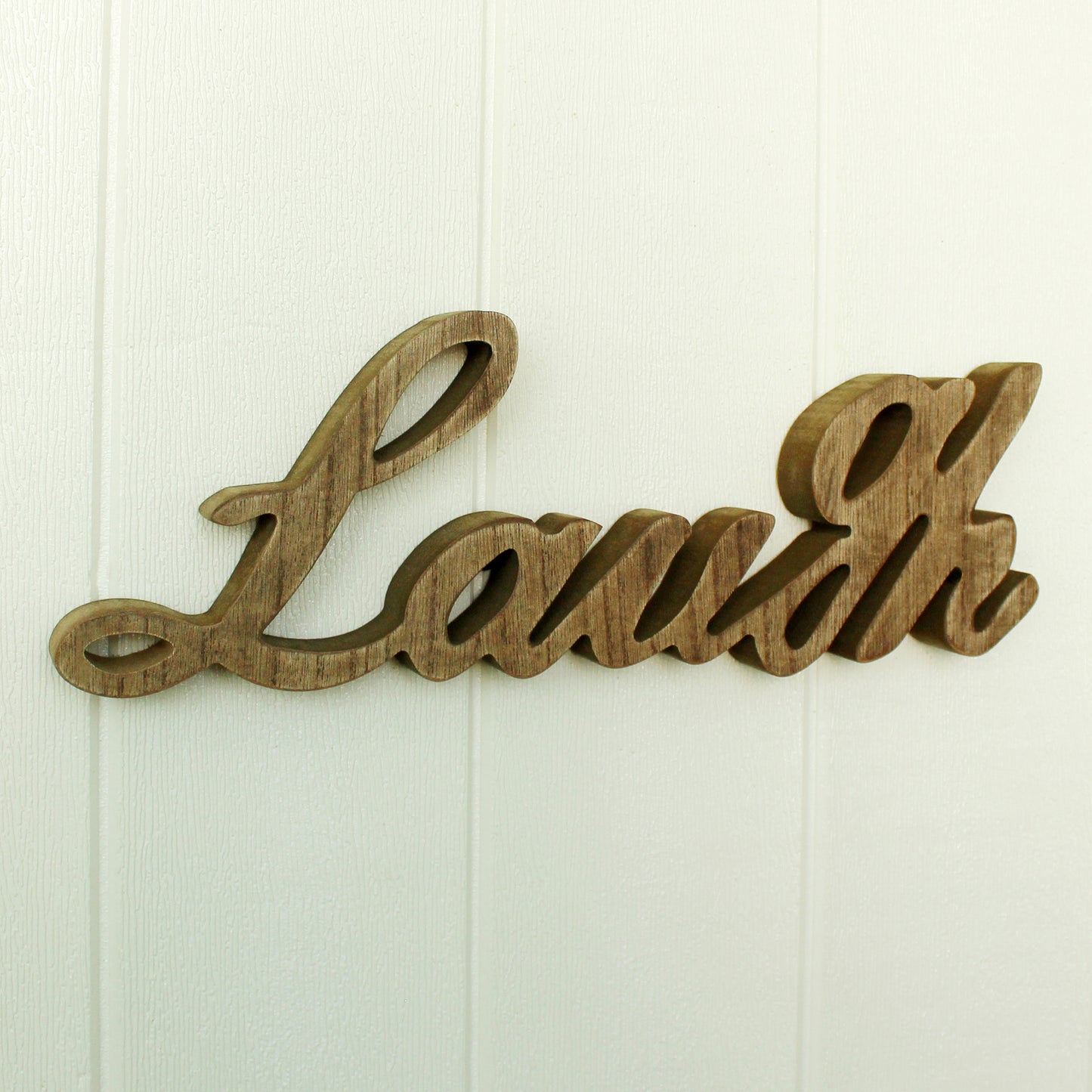CVHOMEDECO. Rustic Vintage Distressed Wooden Words Sign Free Standing "Laugh" Tabletop/Shelf/Home Wall/Office Decoration Art, 12.5 x 4.5 x 1 Inch