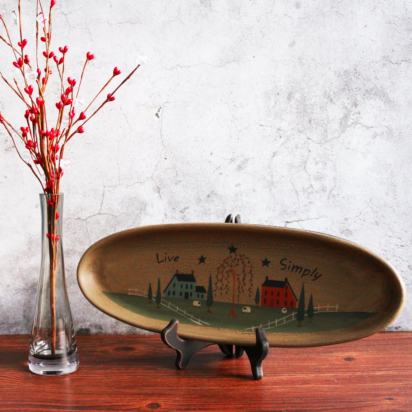 CVHOMEDECO. Primitive Rustic House Willow Tree Sheep Wood Decorative Plate Oval Crackled Display Wooden Plate Home Décor Art, 15.5 X 5.75 Inch