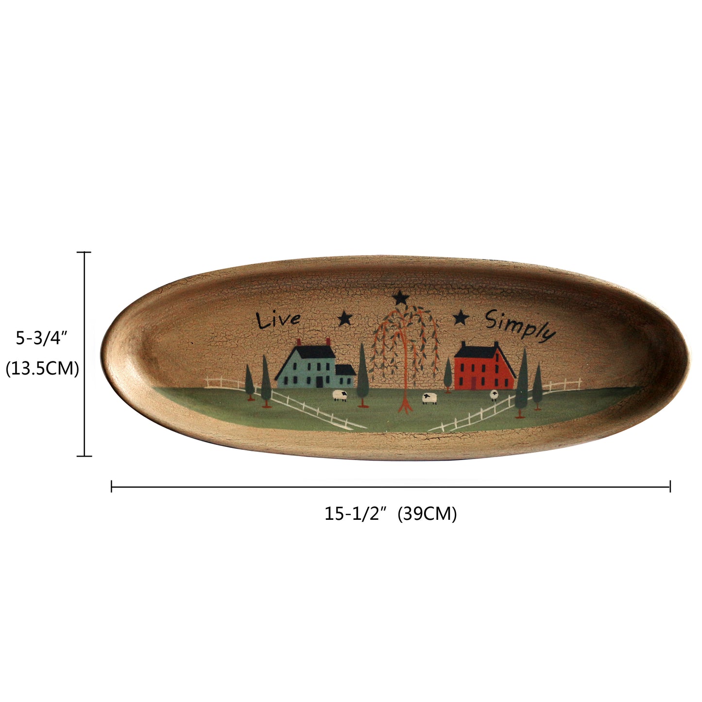 CVHOMEDECO. Primitive Rustic House Willow Tree Sheep Wood Decorative Plate Oval Crackled Display Wooden Plate Home Décor Art, 15.5 X 5.75 Inch
