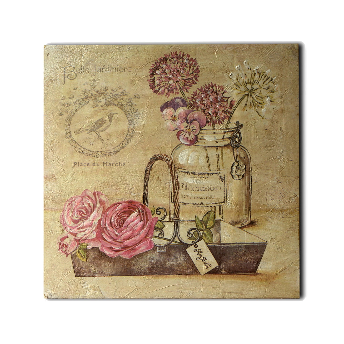 CVHOMEDECO. Rustic Vintage Hand Painted Wooden Frame Wall Hanging 3D Painting Decoration Art, Flower with Basket Design, 15 x 15 Inch