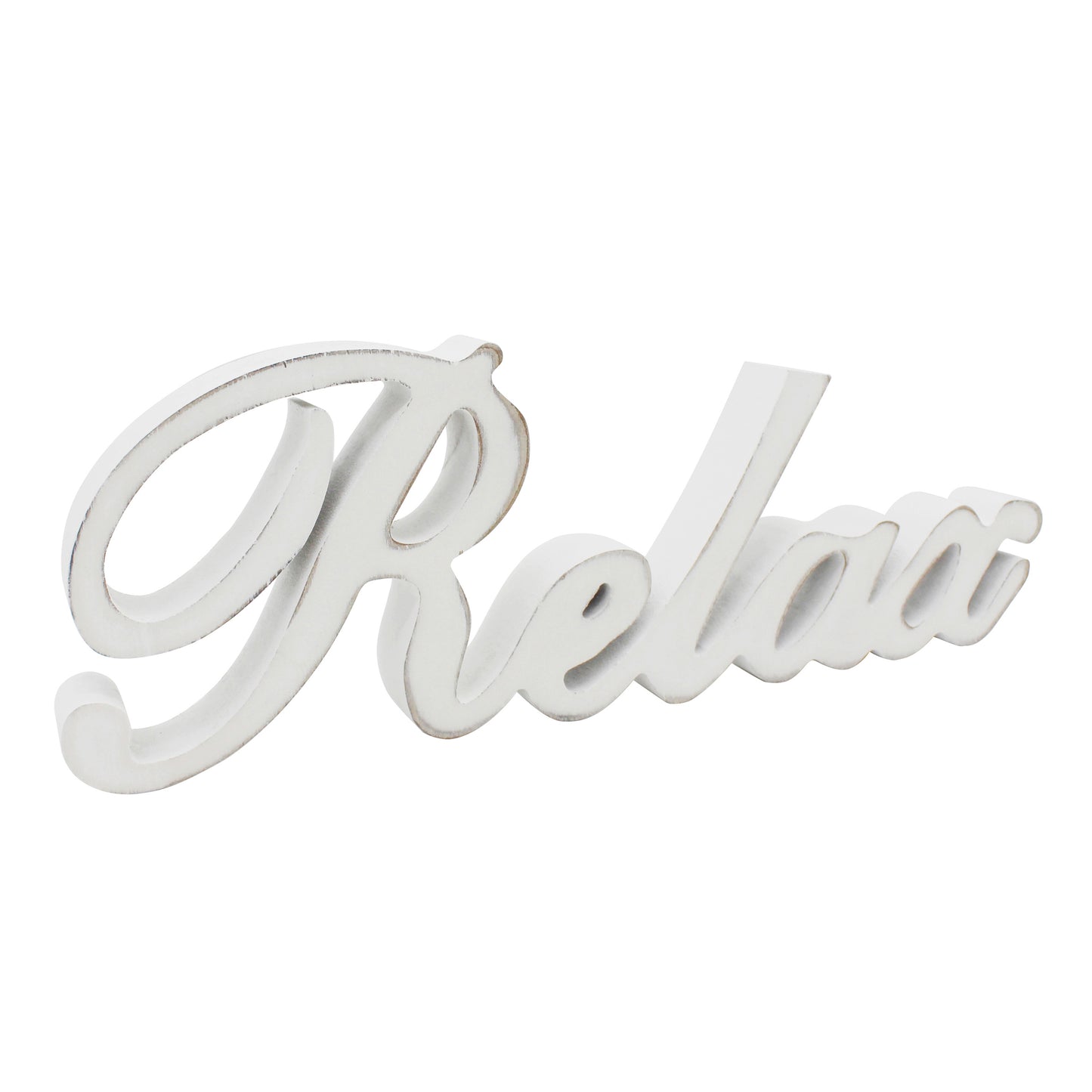 CVHOMEDECO. Rustic Vintage Distressed White Wooden Words Sign Free Standing "Relax" Tabletop/Shelf/Home Wall/Office Decoration Art, 12 x 4.25 x 1 Inch