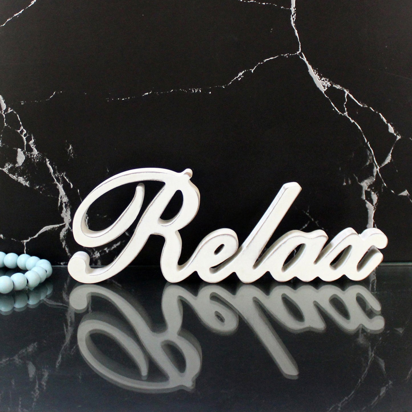 CVHOMEDECO. Rustic Vintage Distressed White Wooden Words Sign Free Standing "Relax" Tabletop/Shelf/Home Wall/Office Decoration Art, 12 x 4.25 x 1 Inch