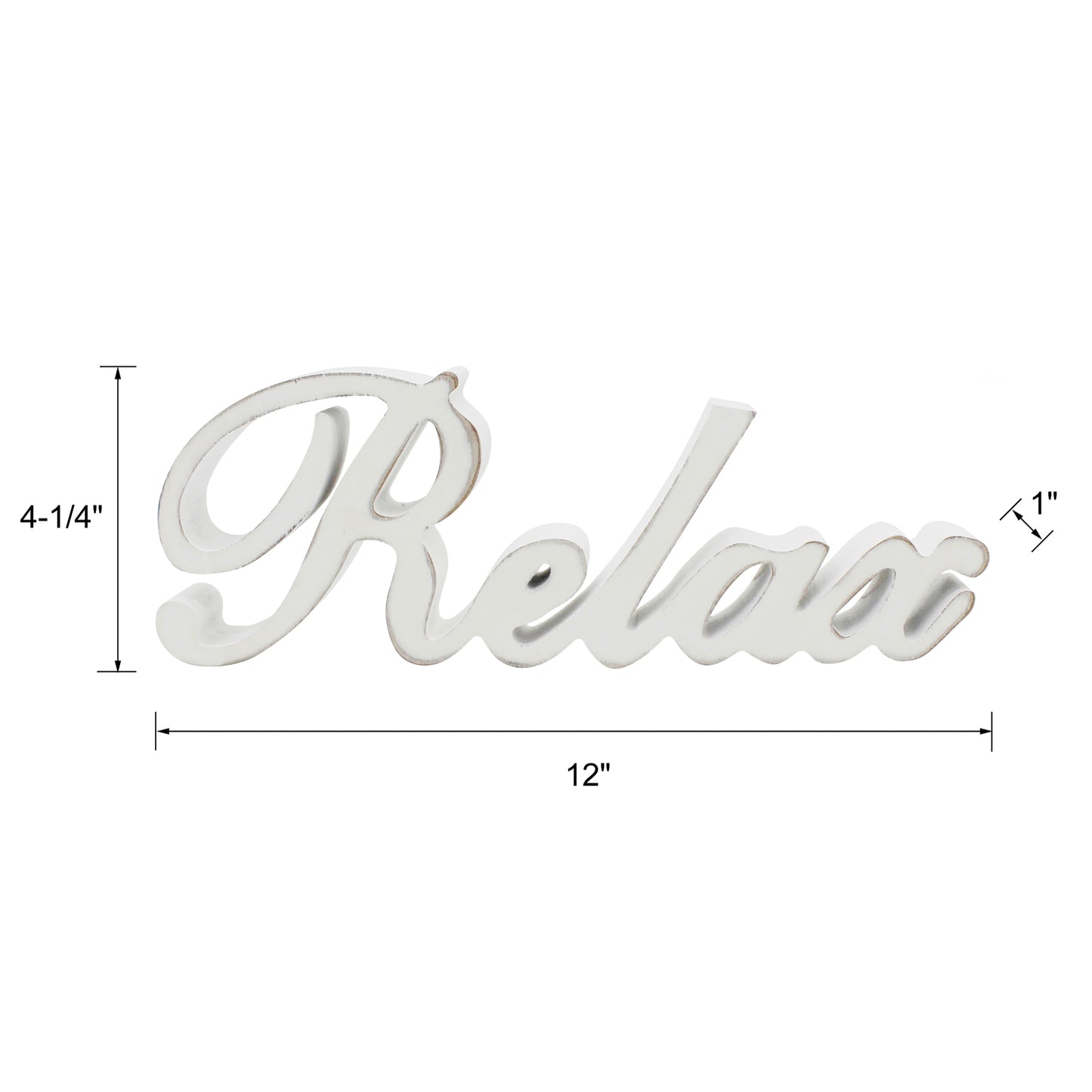 CVHOMEDECO. Rustic Vintage Distressed White Wooden Words Sign Free Standing "Relax" Tabletop/Shelf/Home Wall/Office Decoration Art, 12 x 4.25 x 1 Inch