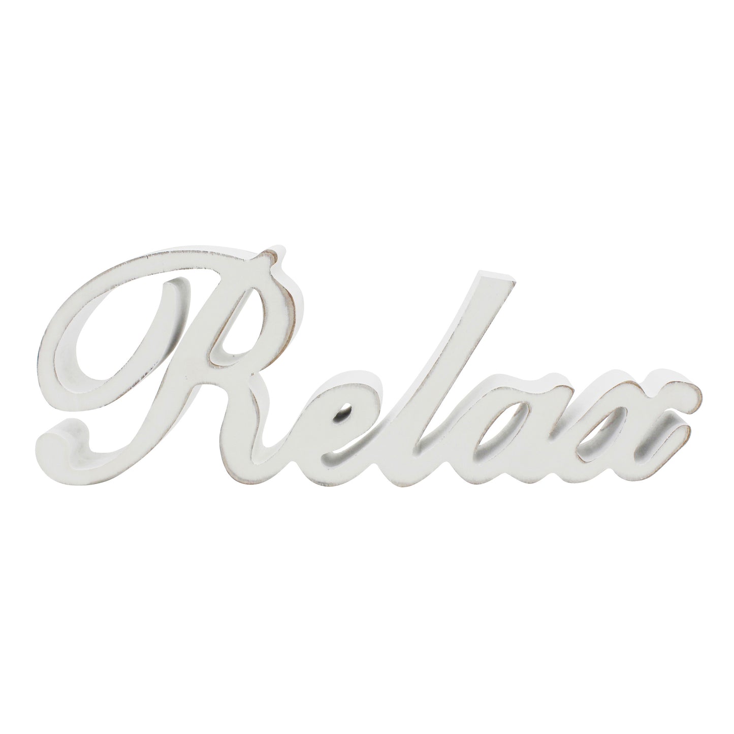 CVHOMEDECO. Rustic Vintage Distressed White Wooden Words Sign Free Standing "Relax" Tabletop/Shelf/Home Wall/Office Decoration Art, 12 x 4.25 x 1 Inch